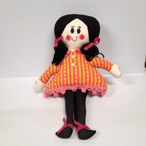Ragdoll 19'' Handmade Vintage Stuffed Doll Pom Pom Black Yarn Hair Dress